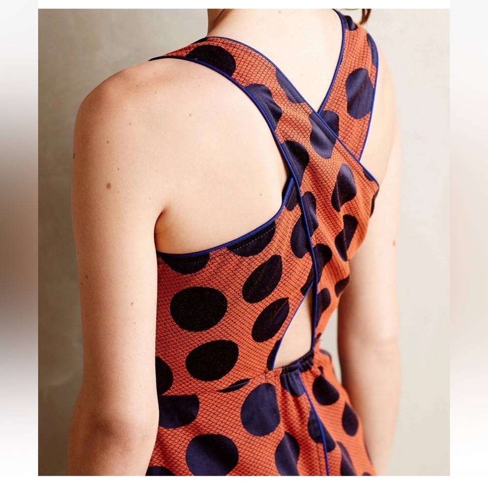 Anthropologie Maeve Rokin Rust Orange Royal Blue Cross Back Dress 10 - Lined - Picture 4 of 16